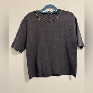 Gray Wool Short Sleeve Top with Gold Chain Detail